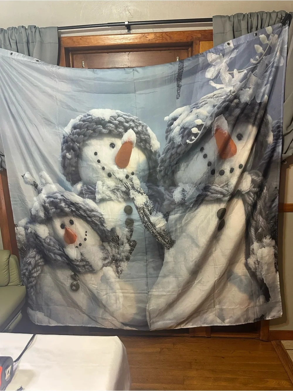 Holiday Snowman shower, curtain - Gray Snow Family Design